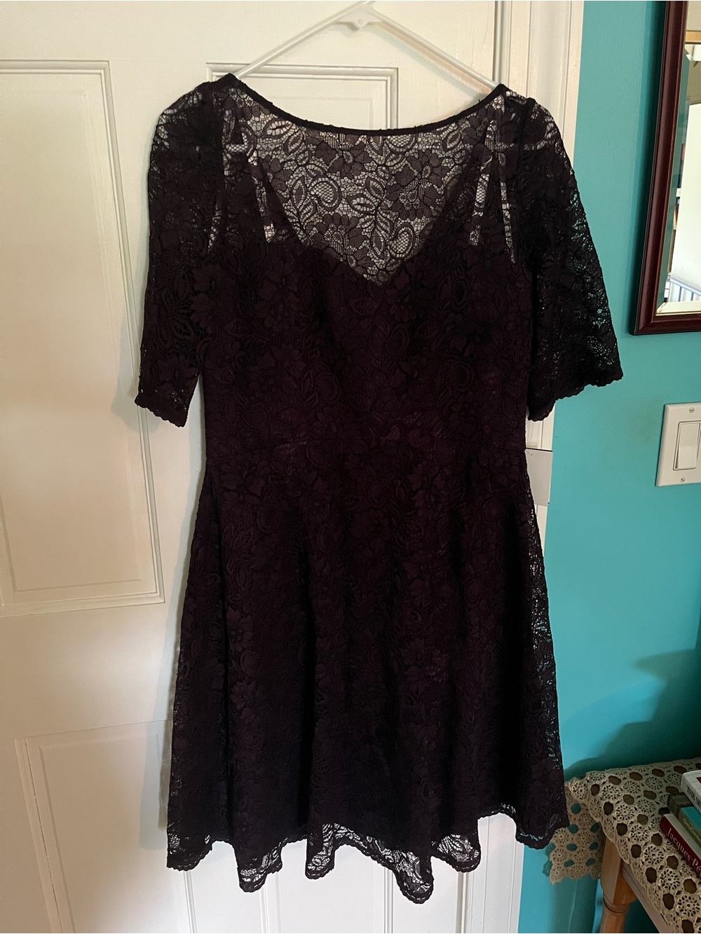 David's Bridal Plum Purple Lace Midi Fit-and-Flare Dress